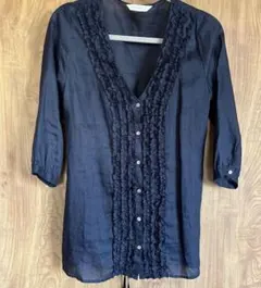 【未使用】Studio Clipリネンブラック フリル Vネック ブラウス五分袖