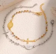 【超人気】ゴールドシルバー クロスロザリオブレスレット サージカルステンレス