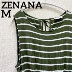 希少✨️ZENANA【M】ゼナナ ボーダー柄 オールインワン サロペット 緑 白