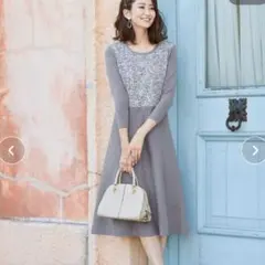 Tiaclasse 異素材使いの花柄シフォンコンビワンピース グレー Lのサムネイル
