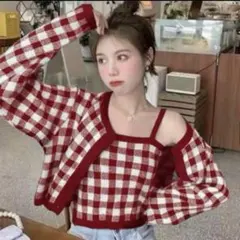 チェック柄ショート丈カーディガンXキャミソールニットアンサンブル[ac2002]