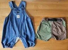 デニムサロペット風ロンパース バイカラーショートパンツ 70～80