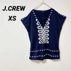J.CREW 【XS】ネイビー 刺繍 半袖シャツ フレンチスリーブ Vネック