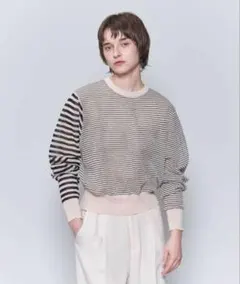 【6(ROKU) 】シアーボーダークルーネック プルオーバー ボリュームスリーブ