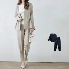 ベージュ ペプラム パンツスーツフォーマルセットアップフリルオフィス通勤卒業入学