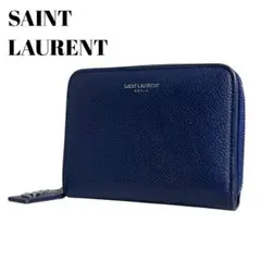 極美✨サンローラン 二つ折り財布 ロゴ刻印 YSL カサンドラ ネイビー 青
