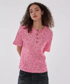 WITH FOREVERレオパード柄 ヘンリーネック 半袖Tシャツ ピンク