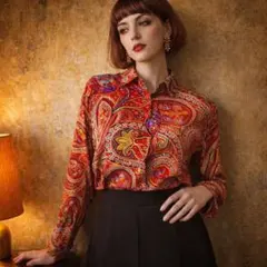 昭和レトロ ペイズリー柄ブラウス シャツ長袖 赤系 日本製 XLヴィンテージ