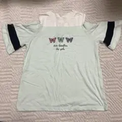 ミントグリーン 蝶のプリントオフショルダー Tシャツ150センチ