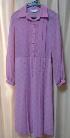 ピンク柄物　長袖ワンピース　昭和レトロ　80年代