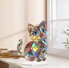 猫 クリスタルキャット レインボー 置物 インテリア 2D平面 アクリルスタンド
