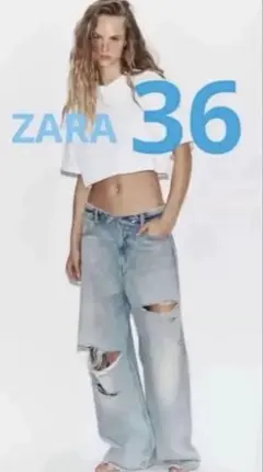 ZARAミッドライズ折り返しウエストデニムパンツ ライトブルー - メルカリ