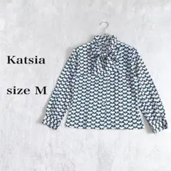 Katsia 幾何学模様 ブルーリボン付きブラウス サイズM