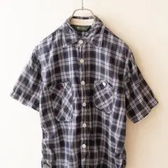 00s FOB Factory リネン混 シワ加工 半袖シャツ チェック 紺 S