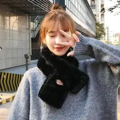 【ブラック】ふわふわ　ティペット ファーマフラー 秋冬 防寒 暖かい　もこもこのサムネイル