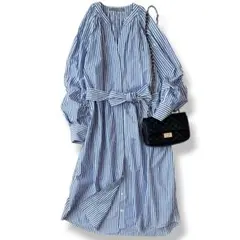 美品 セオリーリュクス ストライプ柄 シャツワンピース 長袖 青白 ロング丈