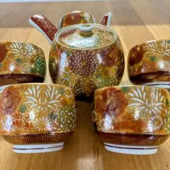 極美品】九谷焼 金彩花詰 煎茶器セット 急須 湯冷まし 湯呑5客 伝統