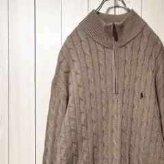 美品 ラルフローレン ハーフジップ ケーブルニット セーター 刺繍ロゴ 2XL