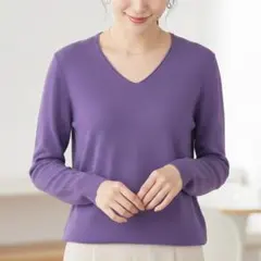 新品 パープル Vネック 長袖ニット 無地 セーター 薄手 春夏秋 紫 伸縮性