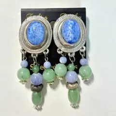 大振り ビンテージ風 青と緑のドロップイヤリング 大ぶりサイズ a139