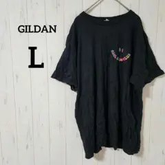GILDAN【L】ヘビーコットン Tシャツ ブラック カラフルロゴ クルーネック