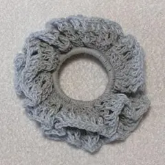 グレー＆ブルー 編み物 シュシュ ハンドメイド ヘアゴム 24時間以内発送