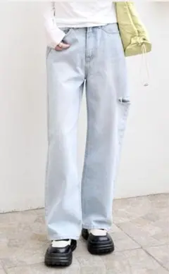 UNE MANSIONハイウエストカッティングデニムワイドパンツ 韓国 / S