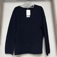 ネイビー 3DコットンリブボートネックセーターUNIQLO 新品タグ付き
