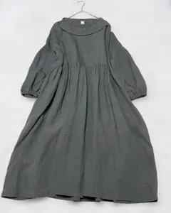 大人気作家様 キマクレナジョージ 錆浅葱 麻100% ロングワンピース パフ袖