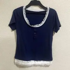 フリルネック 半袖カットソー ネイビー SHEIN