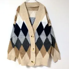 JUNOAH アーガイル ニットカーディガン ゆったり Vネック