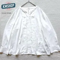 【トランスワーク】ブラウス〈XXL〉長袖 フロントタック 薄手 ホワイト 春夏