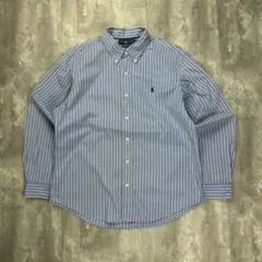 ラルフローレン 刺繍ロゴ 長袖 BDシャツ ストライプ 青白 XL 6545