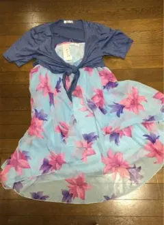華やかな水色の花柄 ボレロ　キャミワンピ　セット プラスサイズ  夏