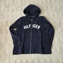 美品TOMMY HILFIGER トミー ネイビーパーカー フルジップ ロゴ L