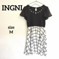 イング　白と黒のチェック柄 半袖ドッキングミニワンピース　ドレス　M