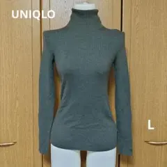 UNIQLO ダークグリーン タートルネック リブ編み長袖ニット L