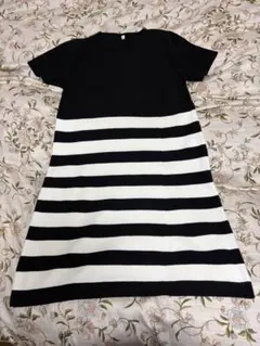 ブラック/ホワイト ストライプ 半袖ニットワンピース Lサイズ
