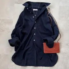 美品 スピックアンドスパン 24SS コットンリネンルーズシャツ ネイビー 人気