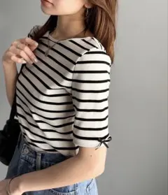 AYA×クラシカルエルフコラボ　前後2way袖リボンバックオープンリブトップスのサムネイル