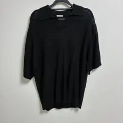 メッシュ編み ブラック Vネックポロシャツ L
