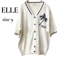 ELLEエル　ヤシの木半袖ニットカーディガン　Ｍ　オフホワイト×ネイビー　春夏