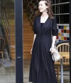 ルイルエブティック 2way フロントボタン ロング フレアワンピース ネイビー