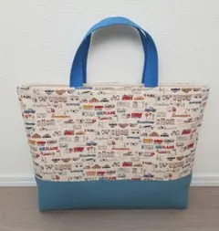 【L-64】ハンドメイド レッスンバッグ 上靴入れ入園入学 くるま ブルー