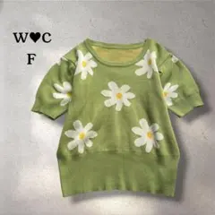 ダブルシー デイジー柄 半袖ニット サマーニット 花柄 グリーン F フェミニンのサムネイル
