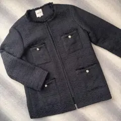 INDIVI ノーカラーツイードジャケット 38 ネイビー