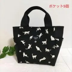 トートバッグ(小)513デニム帆布サイドポケット付ハンドメイド　猫　ネコ足あと