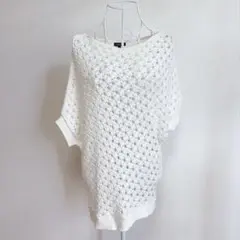 インディヴィ【M】透かし編みドルマンニット チュニック 白 日本製 春夏物のサムネイル