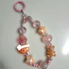 ビーズキーホルダー ビーズストラップ ピンク オレンジ ハンドメイドキーホルダー