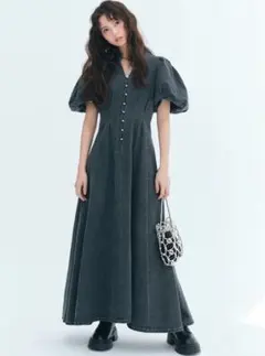 GRL バルーンスリーブデニムフレアワンピース